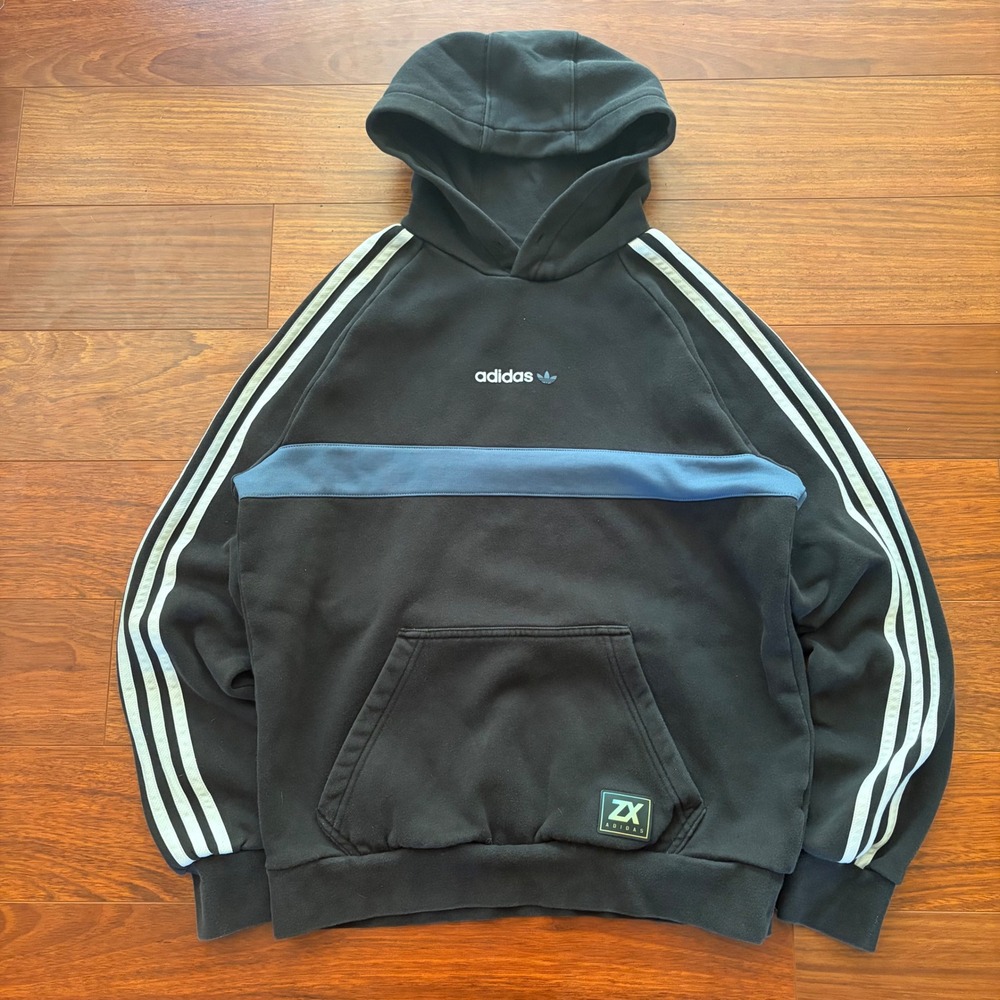Adidas Originals ZX Hoodie Mens Small Black Blue Stripe Pullover Trefoil Logo